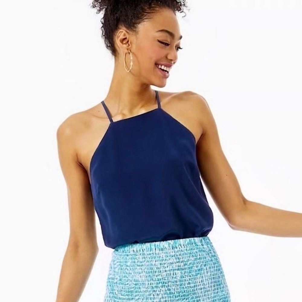 Lilly Pulitzer 100% Silk New With Tags Navy Blue Halter Sleeveless Top - Small